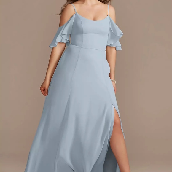 Unaltered Davids Bridal DB Studio Cold-Shoulder Long Chiffon Bridesmaid Dress - Picture 1 of 4
